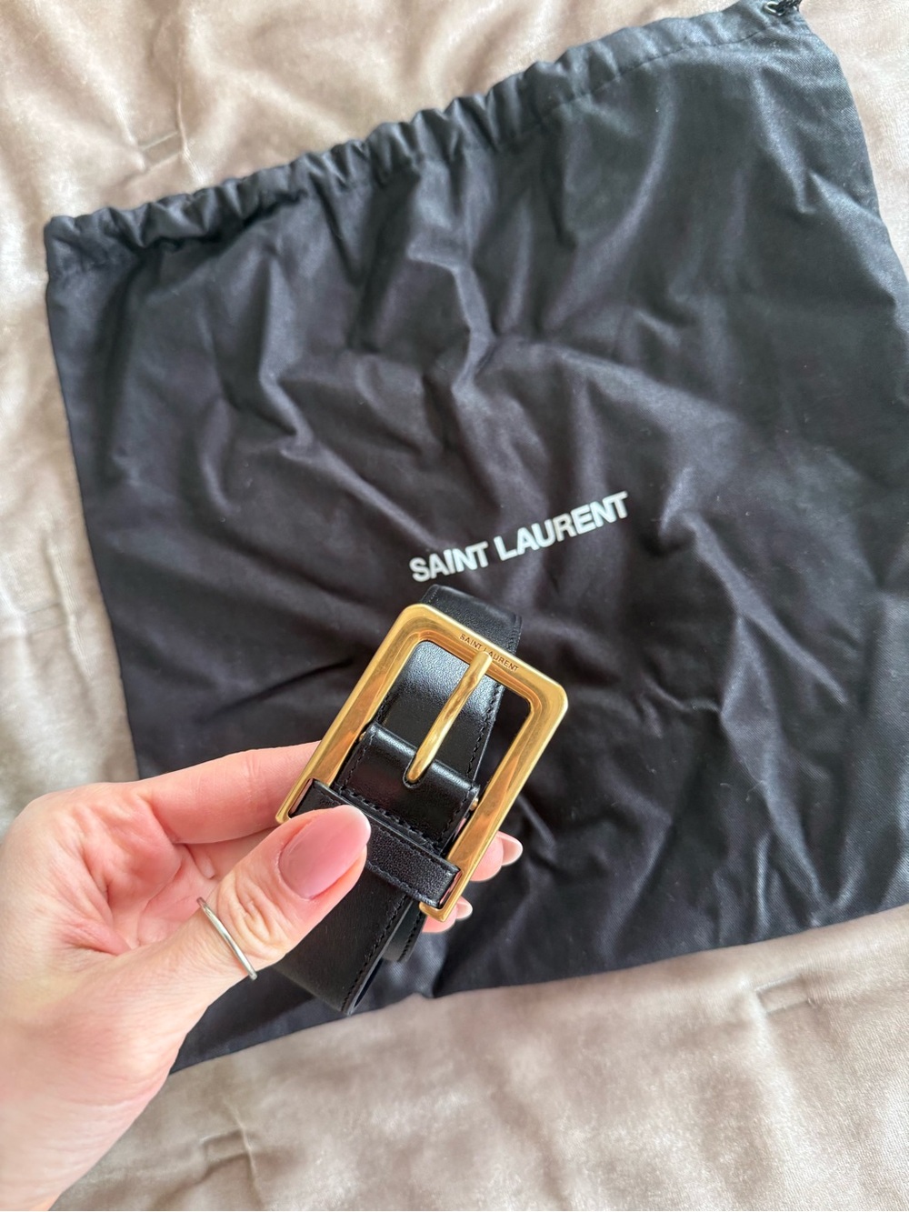 Saint Laurent Black Leather Belt Bag with Gold Buckle, size 75